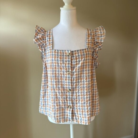 Madewell Gingham Searsucker Ruffle Strap Button Up Tank Top Womens XL Retro - Picture 3 of 16